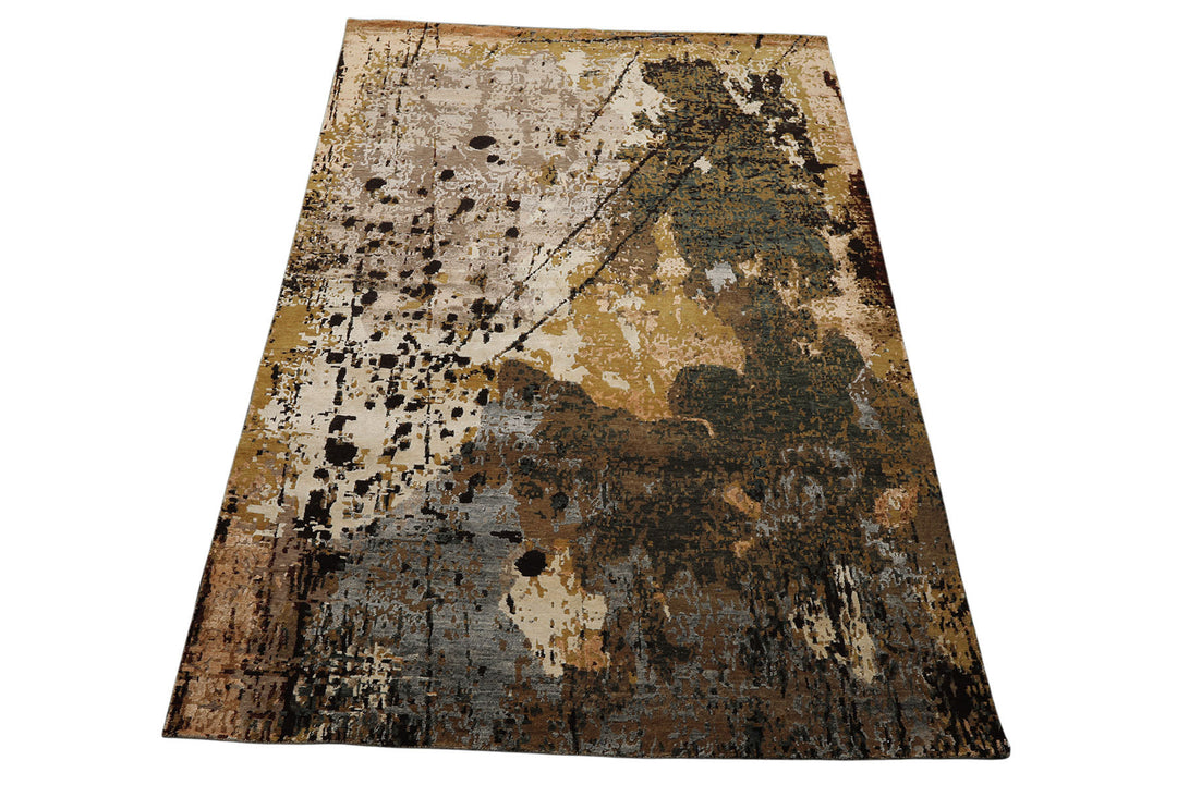 6x9 Brown, Gold, Blue Color Hand Knotted Sherpa Bamboo Silk &amp; Wool Modern Oriental Rug