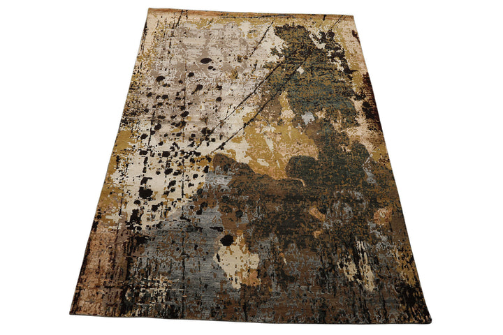 6x9 Brown, Gold, Blue Color Hand Knotted Sherpa Bamboo Silk &amp; Wool Modern Oriental Rug