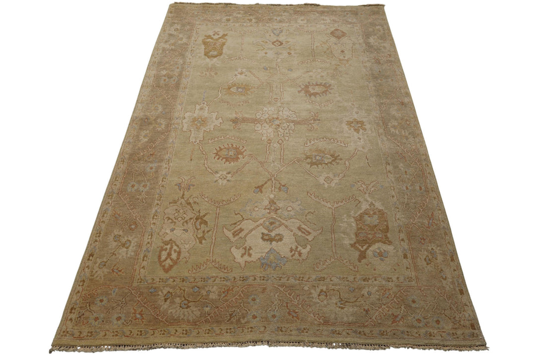 6x9 Beige, Brown, Slate Color Hand Knotted Oushak Wool Traditional Oriental Rug