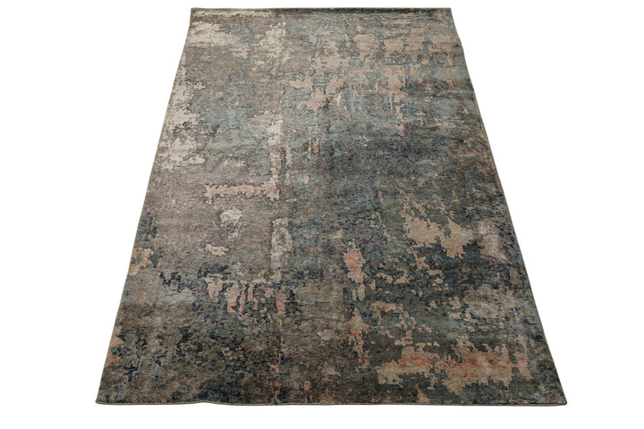 6x9 Beige, Teal, Rose Color Hand Knotted Sherpa Wool &amp; Bamboo Silk Modern Oriental Rug