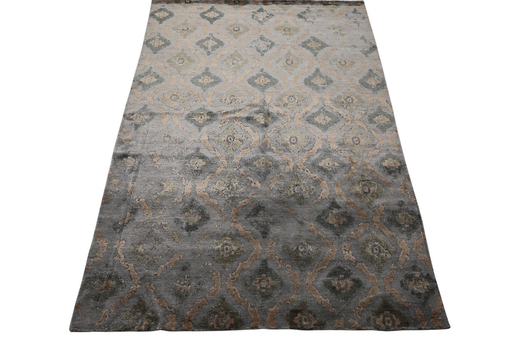6x9 Silver, Gray, Tan Color Hand Knotted Tibetan Bamboo Silk Modern Oriental Rug