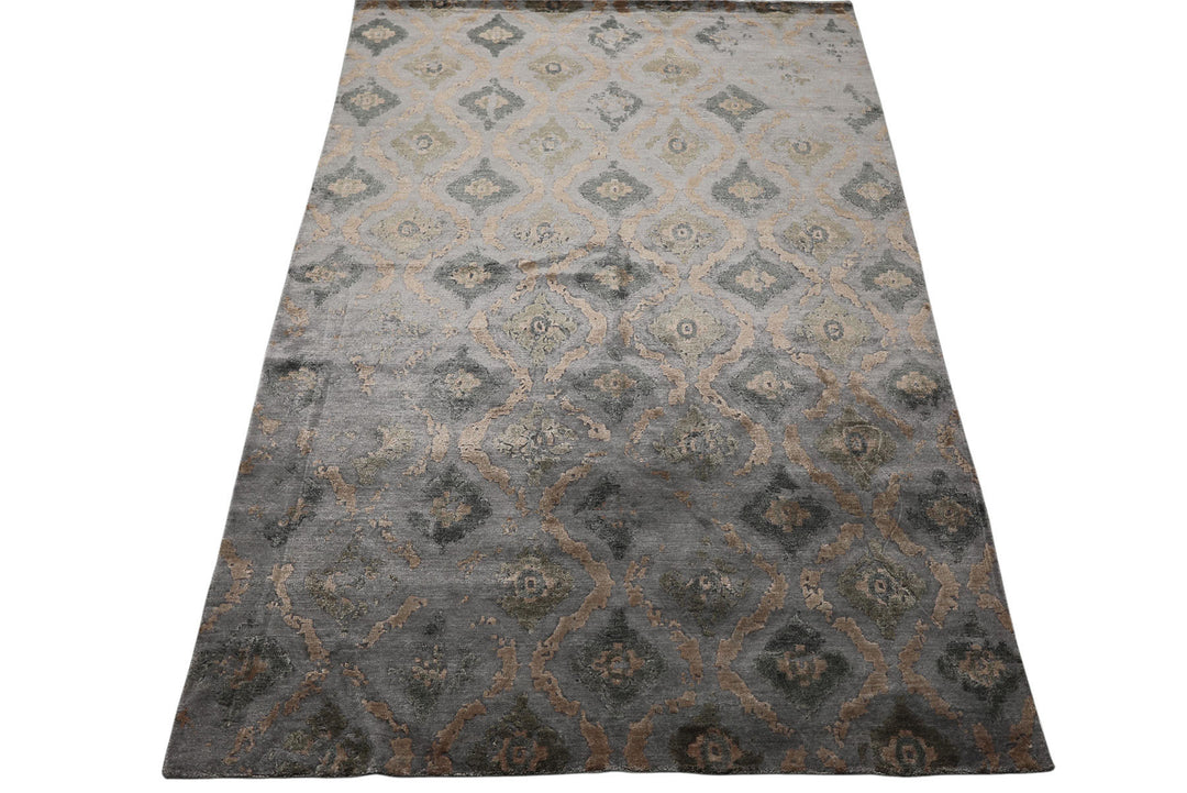 6x9 Silver, Gray, Tan Color Hand Knotted Tibetan Bamboo Silk Modern Oriental Rug