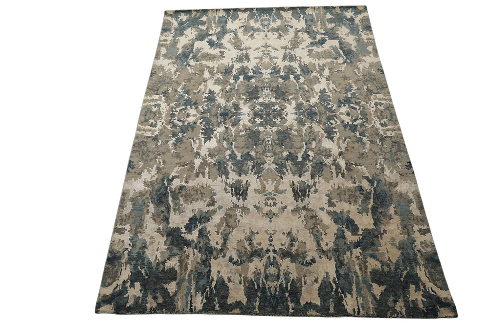 6x9 Ivory, Teal, Brown Color Hand Knotted Sherpa Wool & Bamboo Silk Modern Oriental Rug