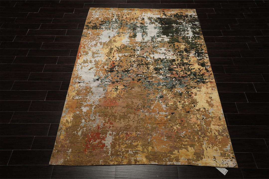 6x9 Peach, Charcoal, Green Color Hand Knotted Sherpa Wool &amp; Bamboo Silk Modern Oriental Rug