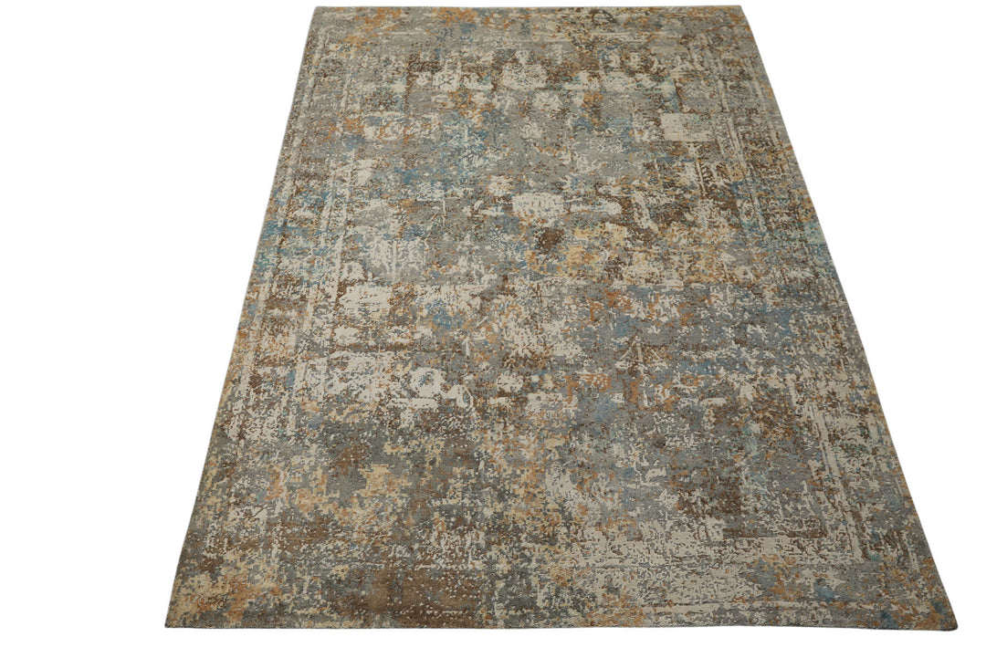6x9 Gray, Ivory, Aqua Color Hand Knotted Sherpa Wool &amp; Bamboo Silk Modern Oriental Rug