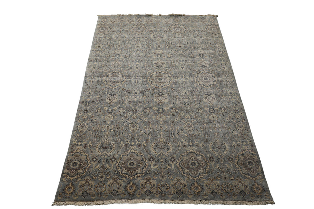 6x9 Blue, Brown, Ivory Color Hand Knotted Agra Wool Traditional Oriental Rug