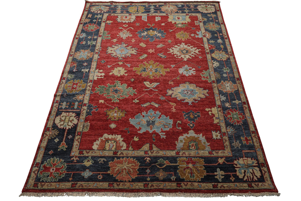 6x9 Red, Navy, Gold Color Hand Knotted Oushak Wool Traditional Oriental Rug