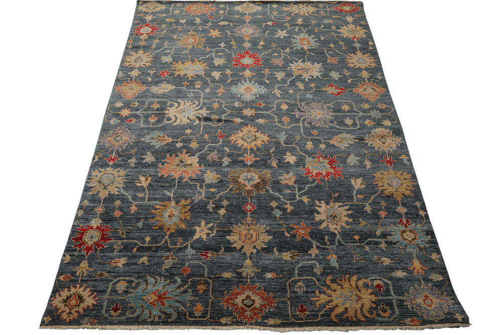 7x9 Navy, Gold, Coral Color Hand Knotted Oushak Wool Transitional Oriental Rug