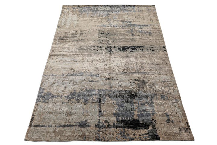 6x9 Beige, Taupe, Blue Color Hand Knotted Sherpa Bamboo Silk Modern Oriental Rug