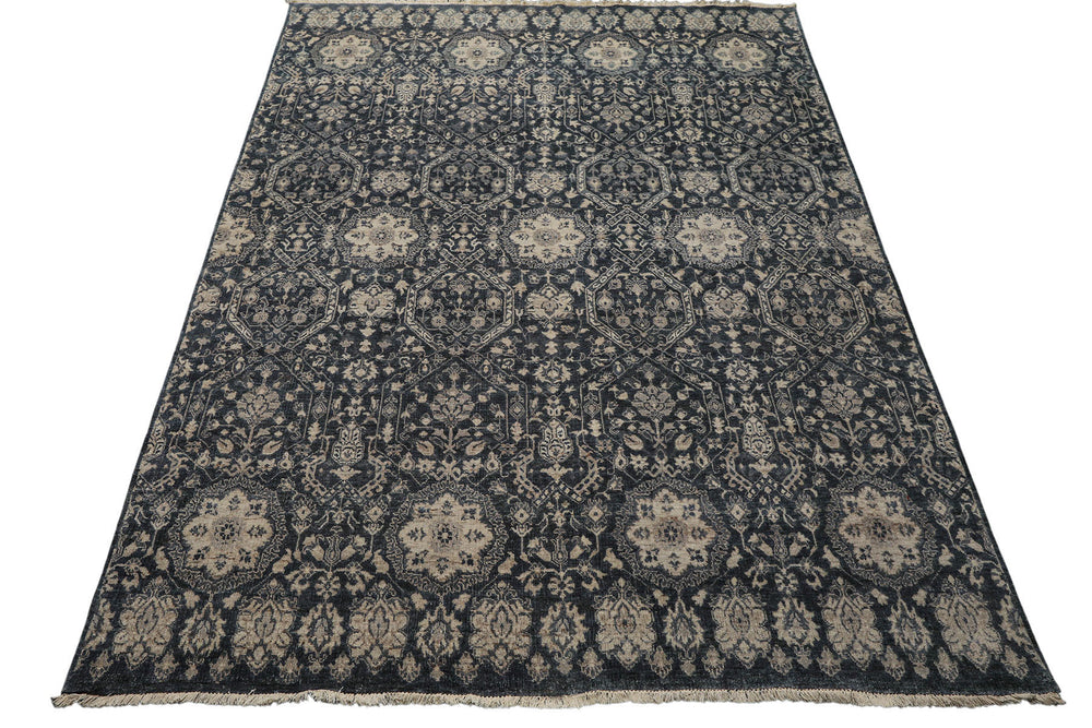 6x9 Navy, Gray, Aqua Color Hand Knotted Agra Wool Transitional Oriental Rug