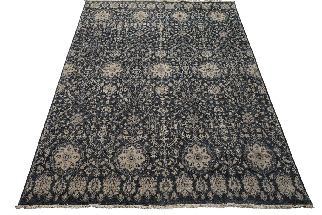 6x9 Navy, Gray, Aqua Color Hand Knotted Agra Wool Transitional Oriental Rug