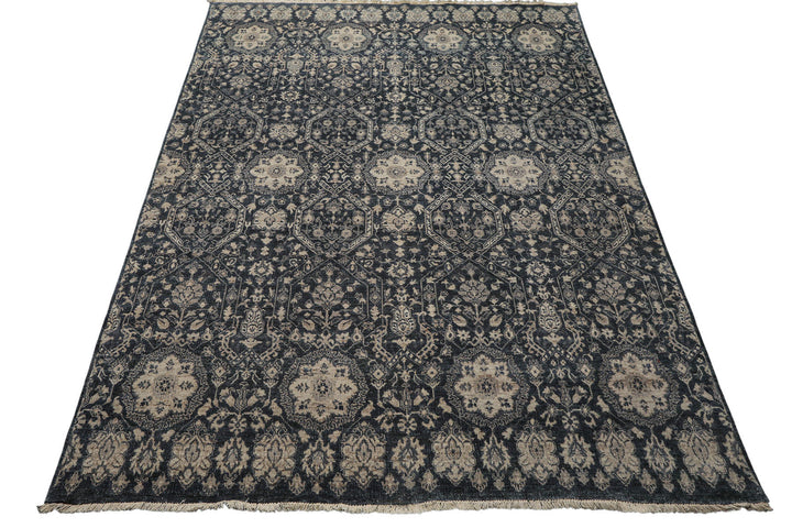 6x9 Navy, Gray, Aqua Color Hand Knotted Agra Wool Transitional Oriental Rug