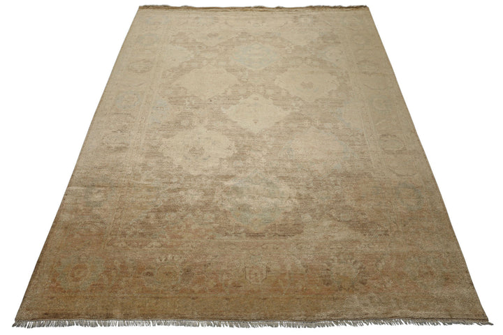 8x10 Beige, Brown, Celadon Gold Color Hand Knotted Oushak Wool Traditional Oriental Rug