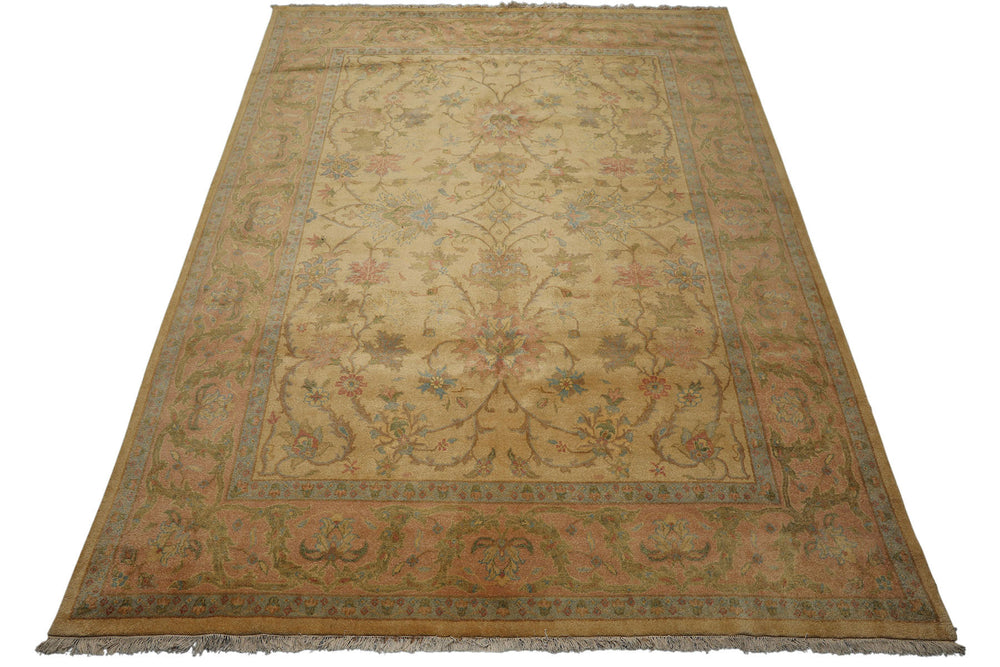 9x12 Light Gold, Brown, Green Color Hand Knotted Oushak Wool Traditional Oriental Rug
