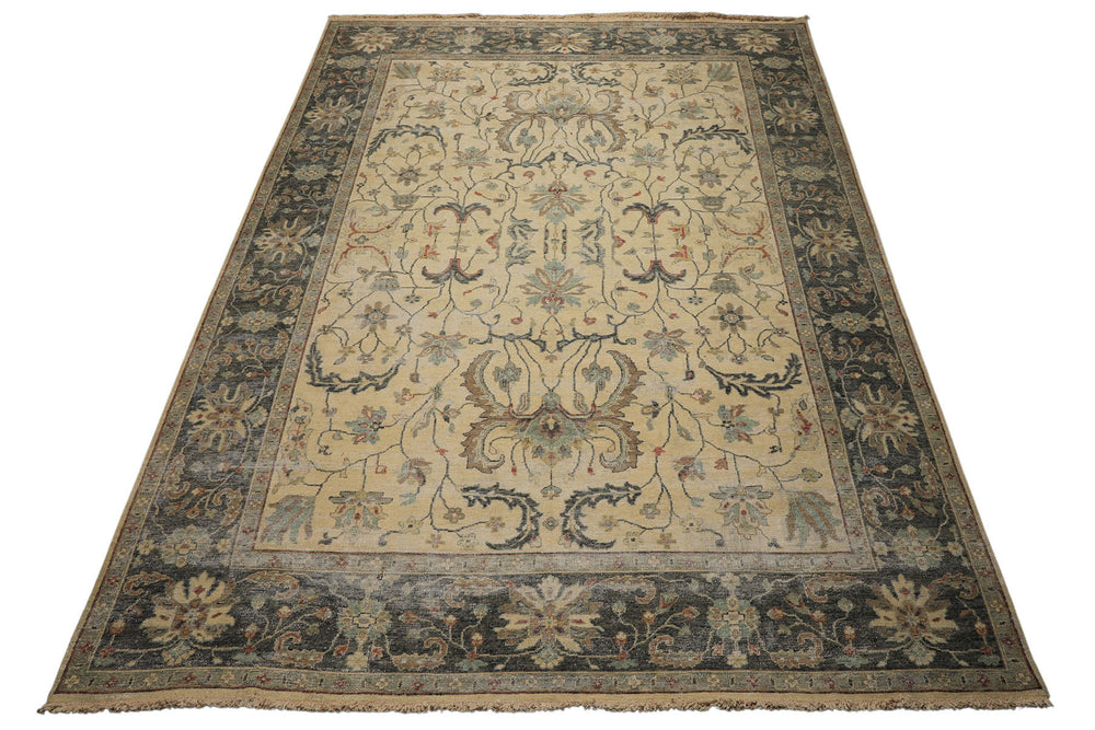 9x12 Beige, Gray, Aqua Color Hand Knotted  Wool Transitional Oriental Rug