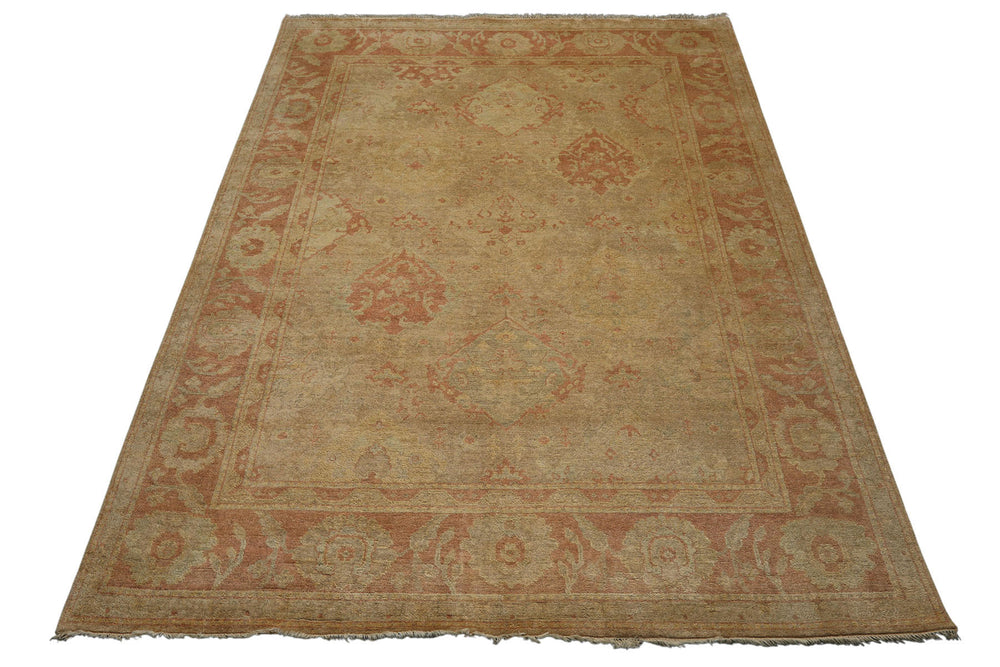 8x10 Beige, Rose, Gray Color Hand Knotted Oushak Wool Traditional Oriental Rug