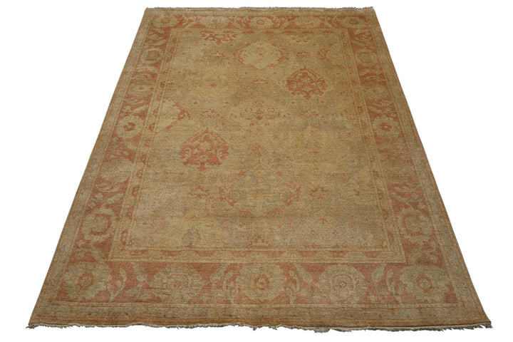 8x10 Beige, Rose, Gray Color Hand Knotted Oushak Wool Traditional Oriental Rug