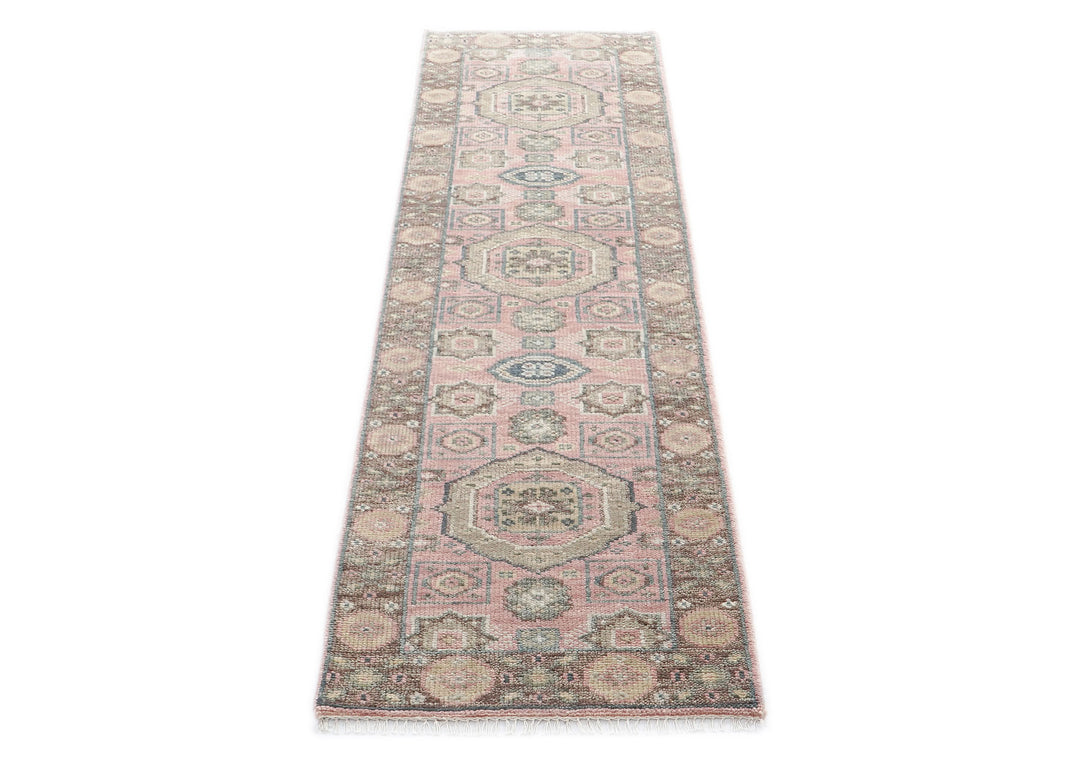 Runner Blush, Gray, Ivory Color Hand Knotted Oushak Wool Transitional Oriental Rug