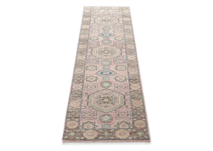 Runner Blush, Gray, Ivory Color Hand Knotted Oushak Wool Transitional Oriental Rug