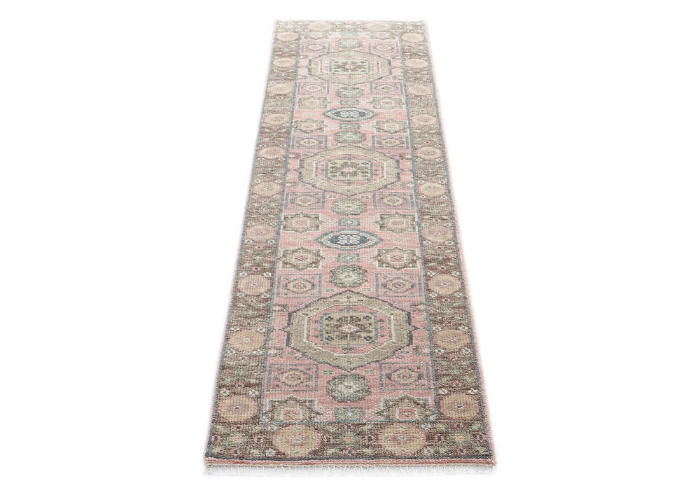 2'6x10 Blush, Gray, Ivory Color Hand Knotted Oushak Wool Transitional Oriental Rug