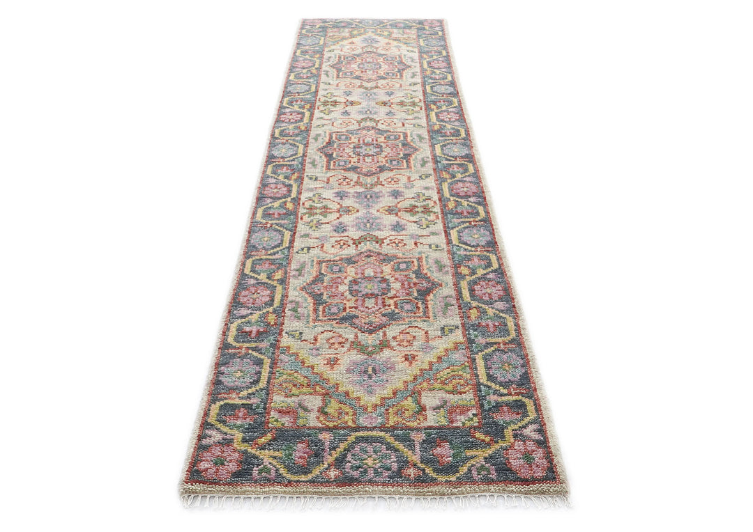 Runner Beige, Slate, Gold Color Hand Knotted Oushak Wool Traditional Oriental Rug