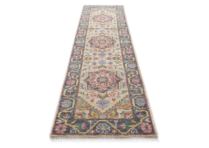 Runner Beige, Slate, Gold Color Hand Knotted Oushak Wool Traditional Oriental Rug