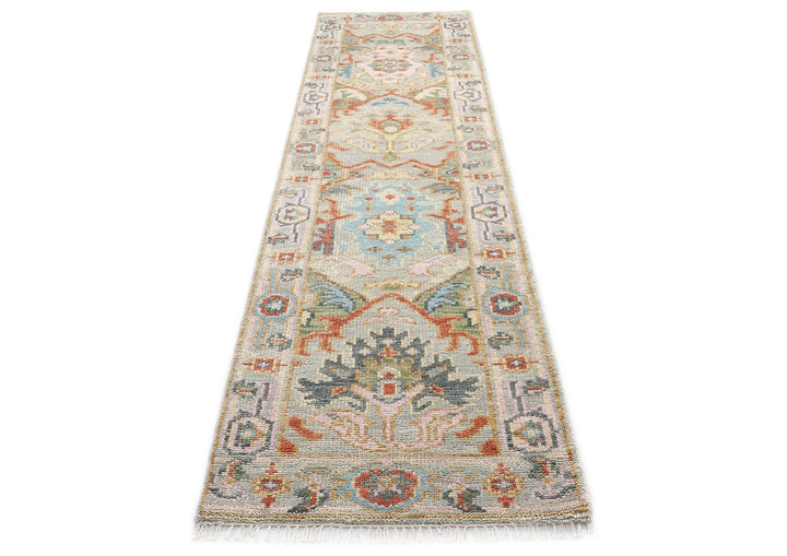Runner Gray, Blush, Aqua Color Hand Knotted Oushak Wool Traditional Oriental Rug