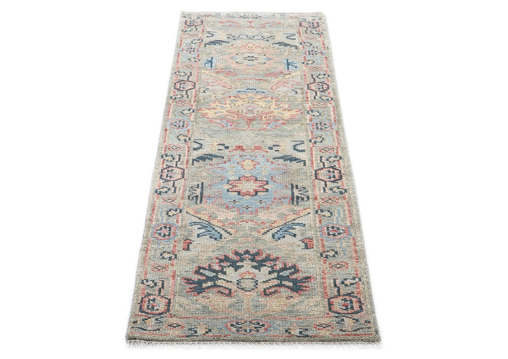 Runner Gray, Blush, Blue Color Hand Knotted Oushak Wool Arts & Crafts Oriental Rug