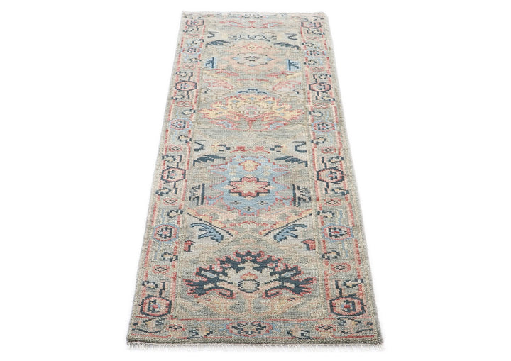 Runner Gray, Blush, Blue Color Hand Knotted Oushak Wool Arts & Crafts Oriental Rug