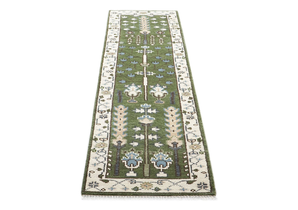 Runner Green, Ivory, Blue Color Hand Knotted Oushak Wool Transitional Oriental Rug
