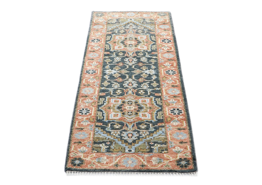 Runner Slate, Blush, Sage Color Hand Knotted Oushak Wool Traditional Oriental Rug