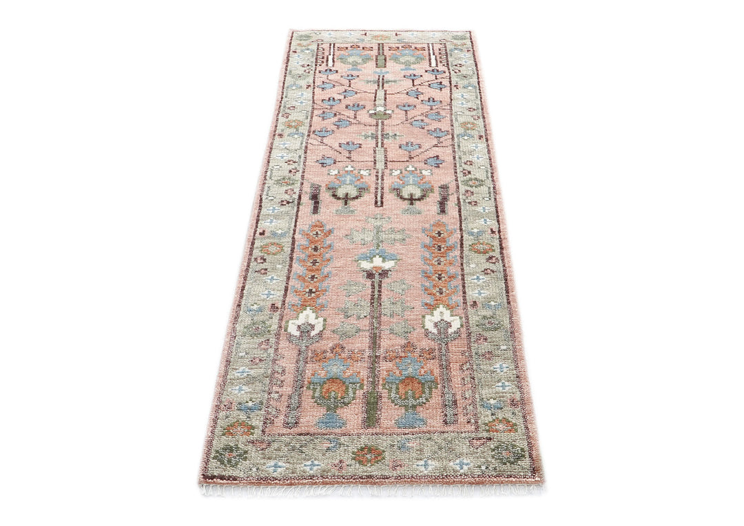 Runner Blush, Gray, Blue Color Hand Knotted Oushak Wool Transitional Oriental Rug