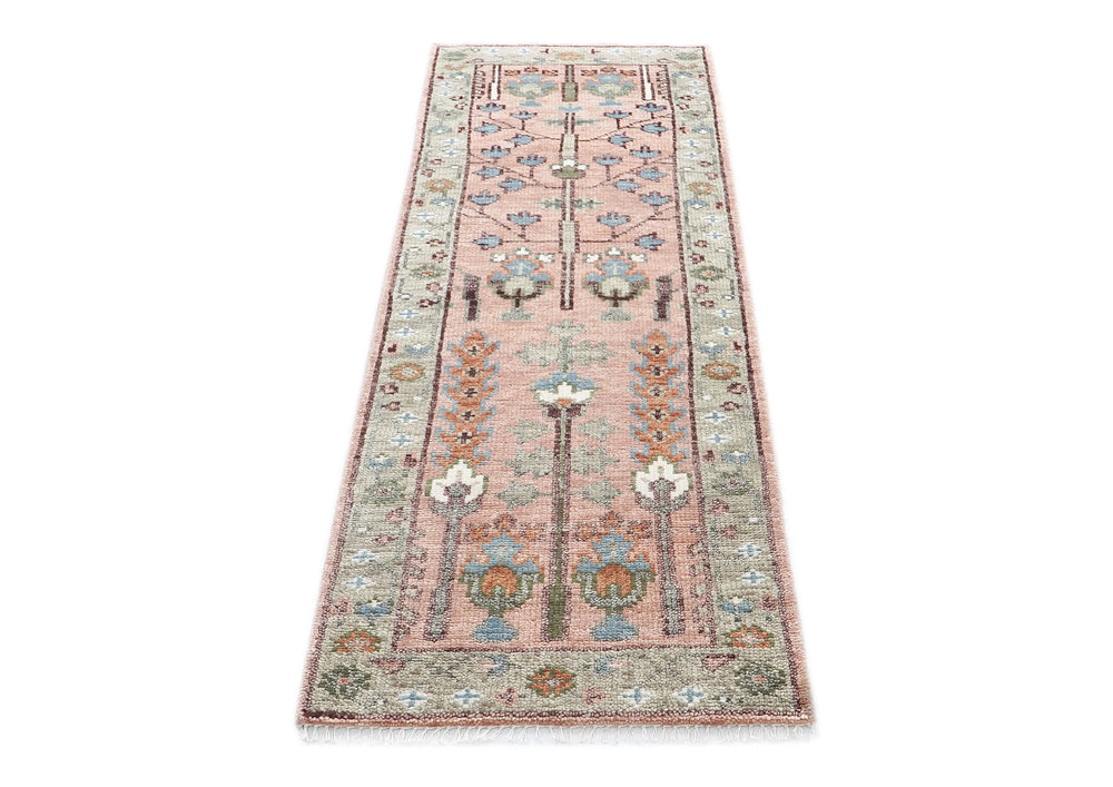 2'6x8 Blush, Gray, Blue Color Hand Knotted Oushak Wool Transitional Oriental Rug