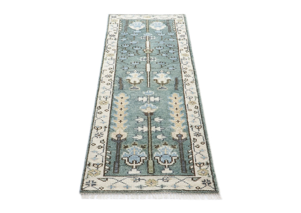 Runner Celadon, Ivory, Gray Color Hand Knotted Oushak Wool Transitional Oriental Rug