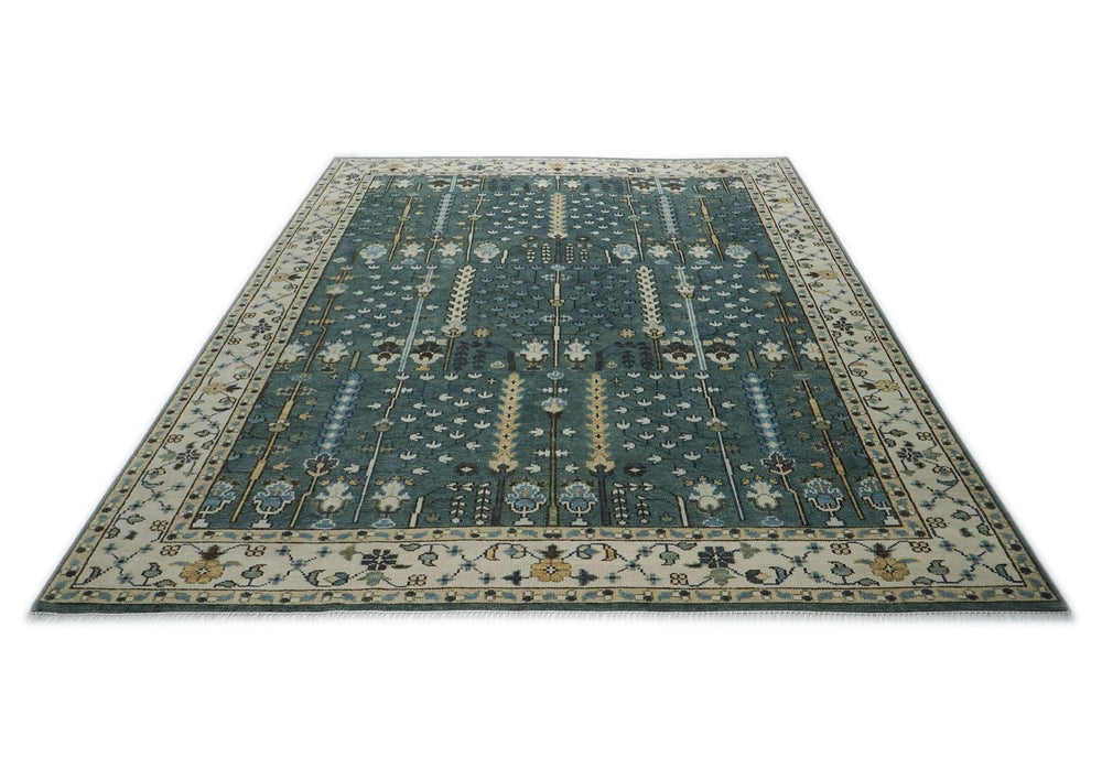 10x14 Celadon, Ivory, Beige Color Hand Knotted Oushak Wool Transitional Oriental Rug