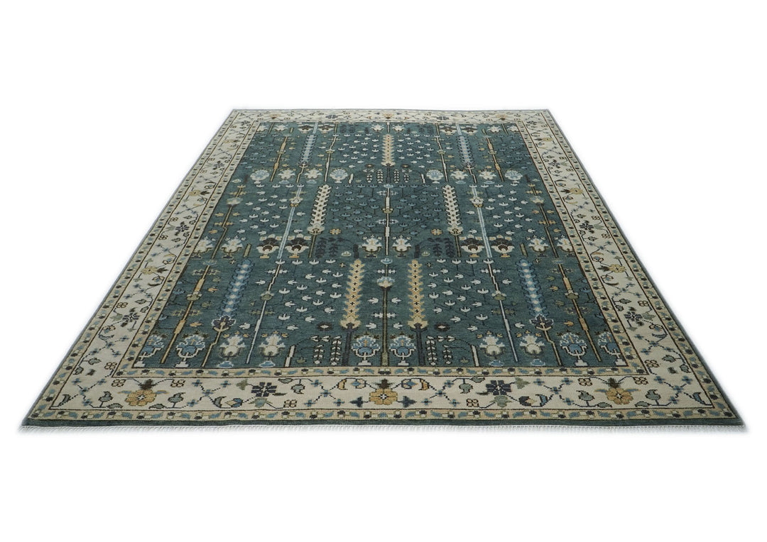 10x14 Celadon, Ivory, Beige Color Hand Knotted Oushak Wool Transitional Oriental Rug