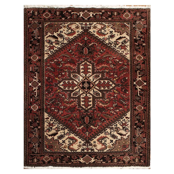 5x7 Rust, Ivory, Charcoal Color Hand Knotted Heriz Wool Traditional Oriental Rug