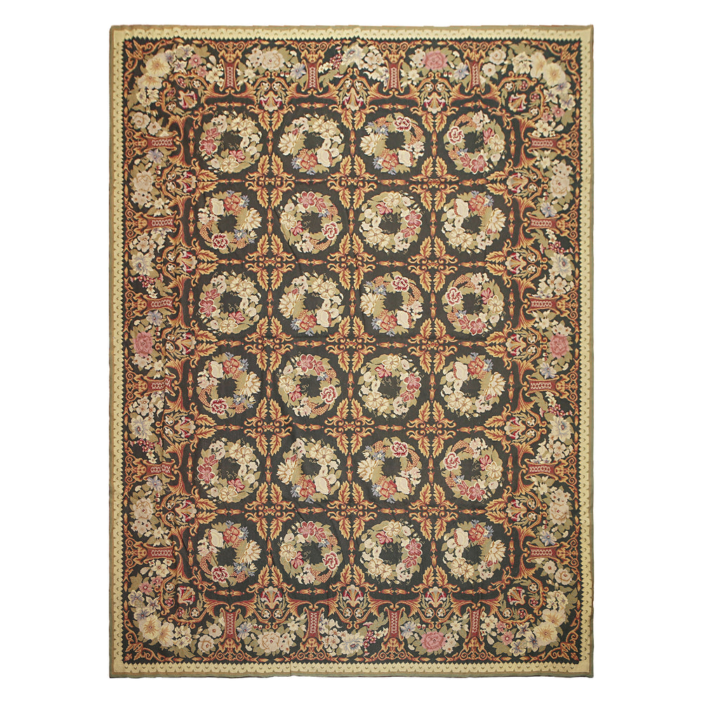 Celeste Rugs 9x12 hand-woven Asmara needlepoint Aubusson rug with charcoal base and rich multicolor florals