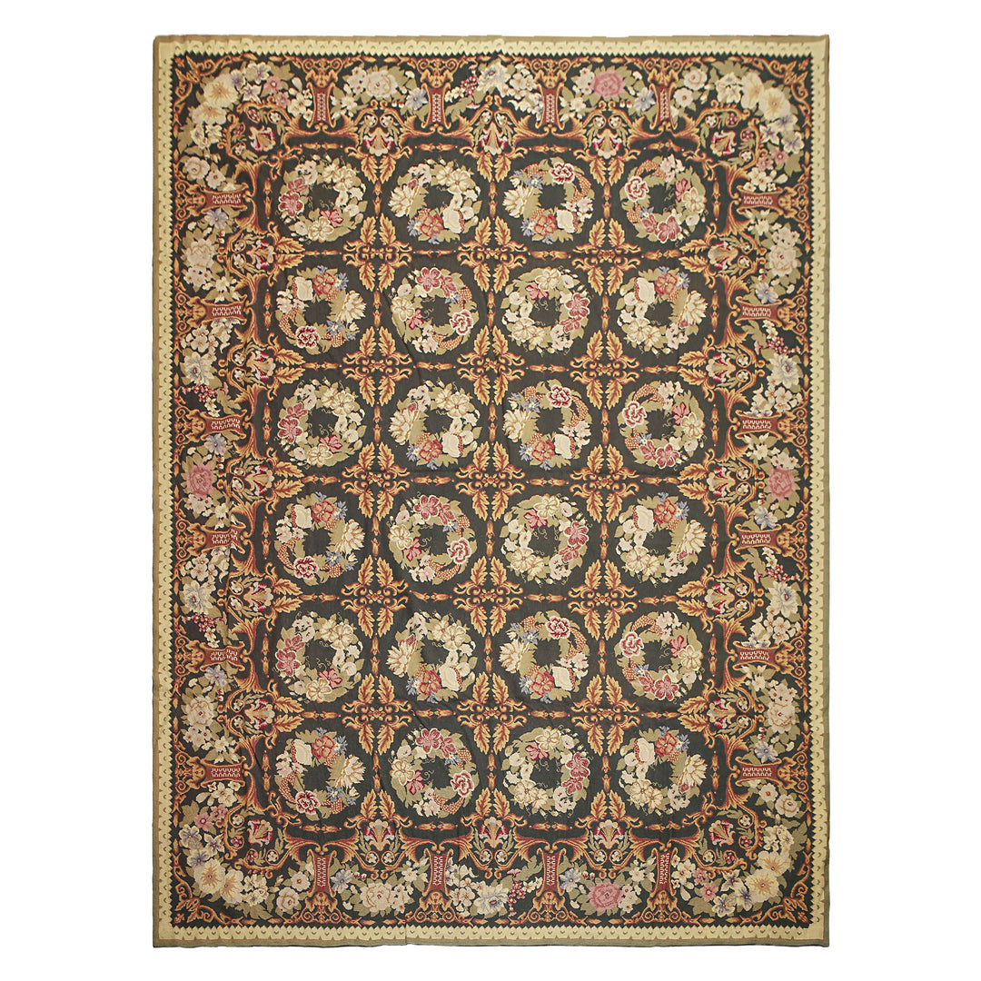 Celeste Rugs 9x12 hand-woven Asmara needlepoint Aubusson rug with charcoal base and rich multicolor florals