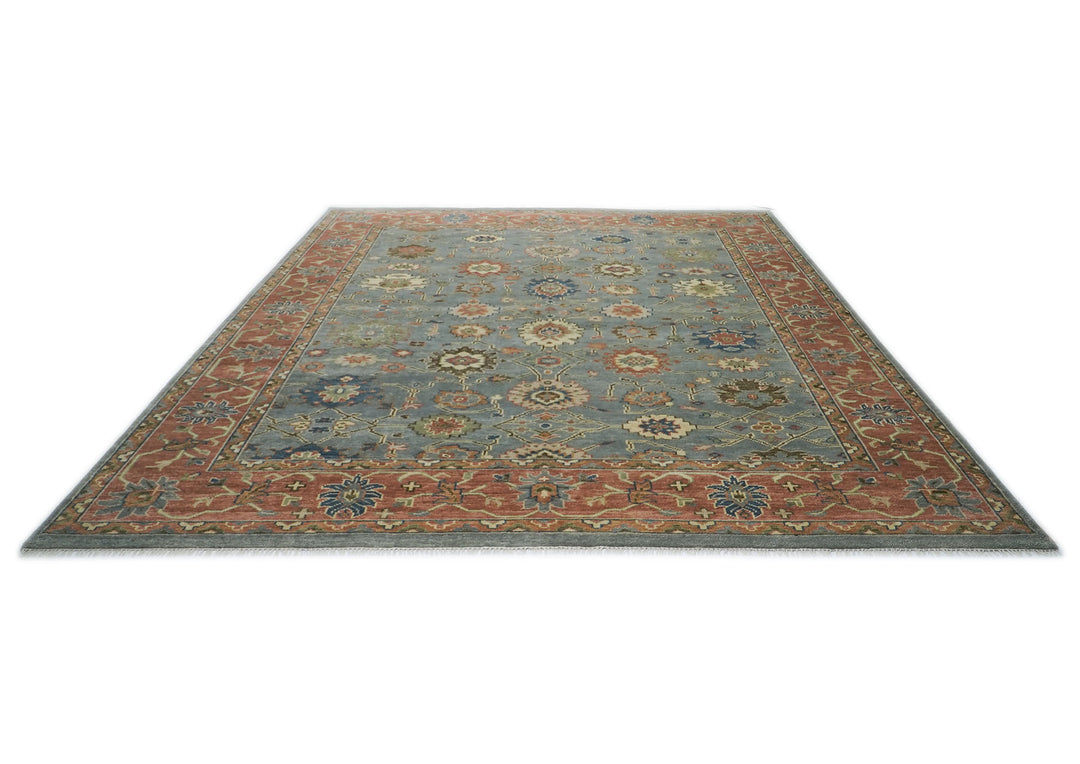 Palace Blue, Burnt Orange, Ivory Color Hand Knotted Oushak Wool  Oriental Rug