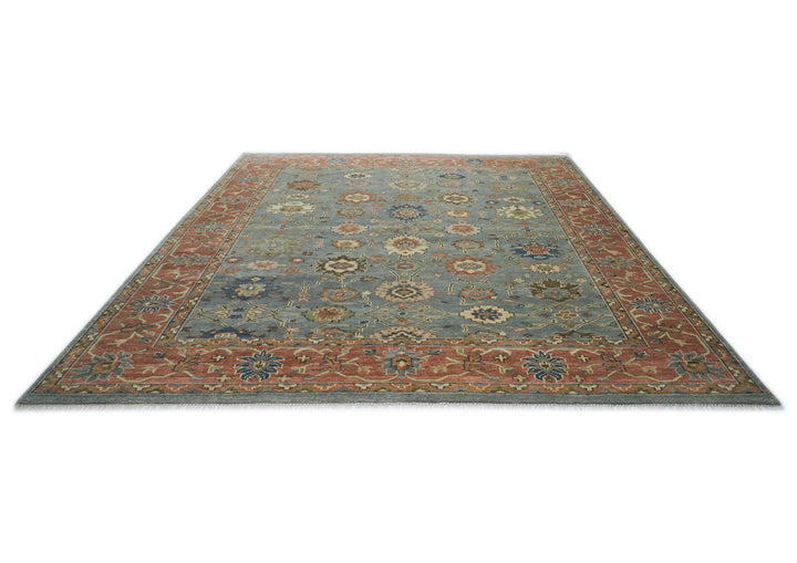 Palace Blue, Burnt Orange, Ivory Color Hand Knotted Oushak Wool  Oriental Rug