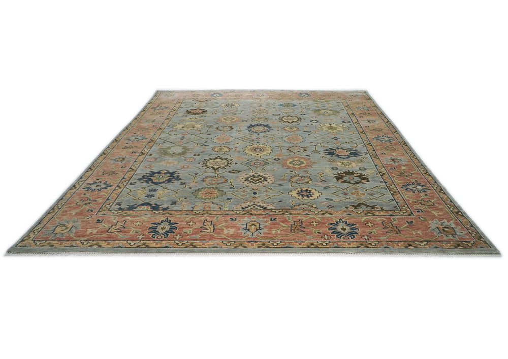 12x15 Blue, Rose, Navy Color Hand Knotted Oushak Wool Arts and Crafts Oriental Rug