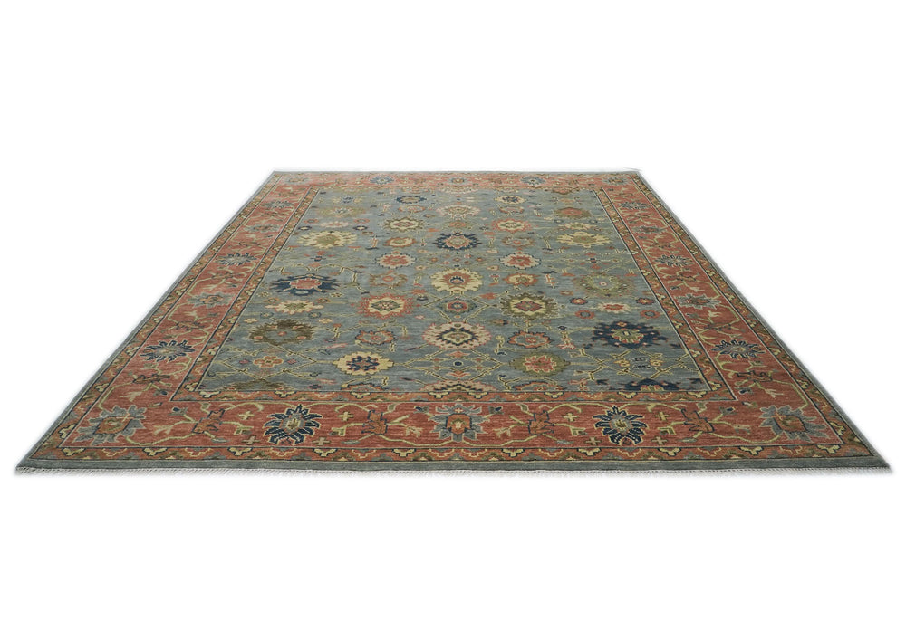 Palace Aqua, Rose, peach Color Hand Knotted Oushak Wool  Oriental Rug
