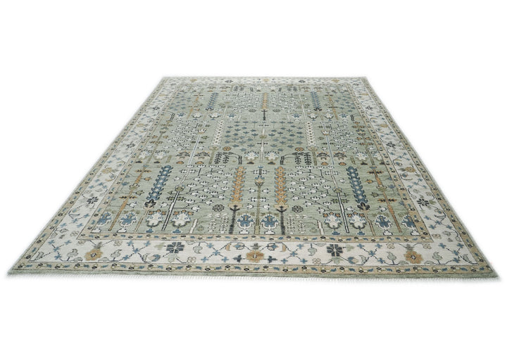 10x14 Mint, Ivory, Tan Color Hand Knotted Oushak Wool Transitional Oriental Rug