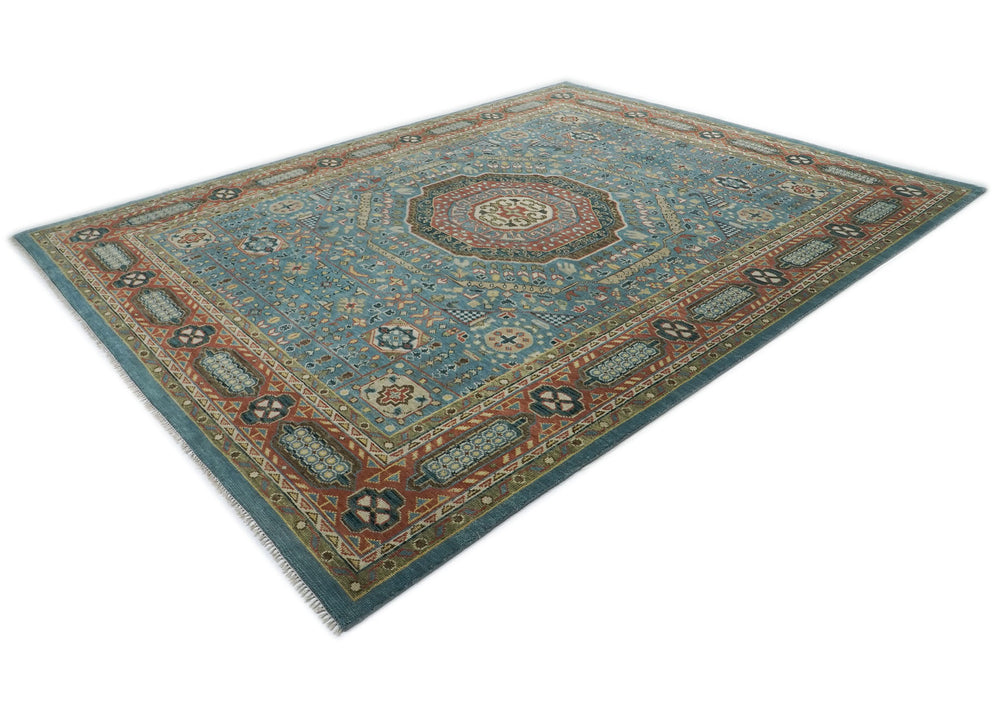 Palace Blue, Rust, Green Color Hand Knotted Oushak Wool Traditional Oriental Rug