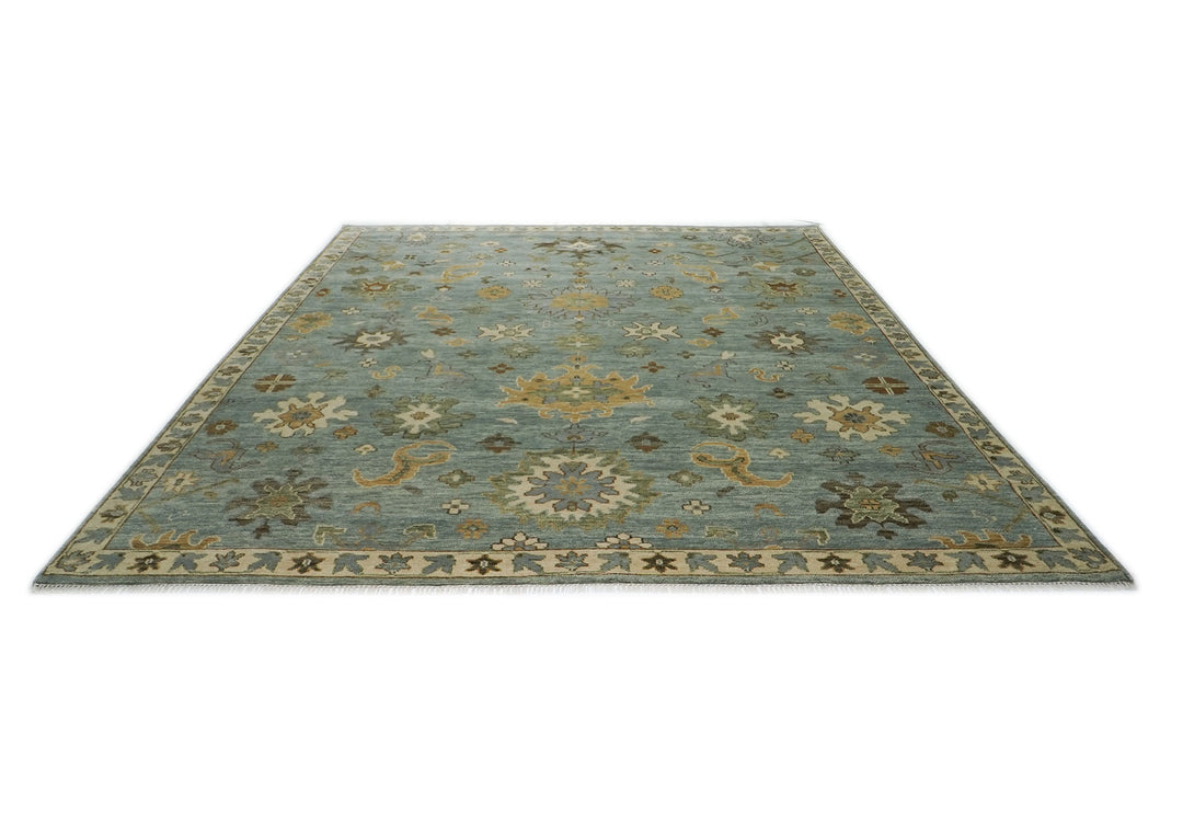 12x15 Blue, Beige, Gold Color Hand Knotted Oushak Wool Transitional Oriental Rug