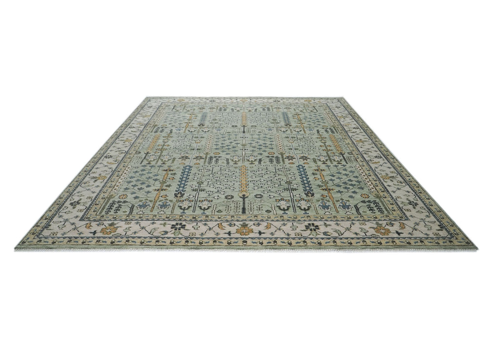 Palace Celadon, Beige, Tan Color Hand Knotted Oushak Wool Transitional Oriental Rug