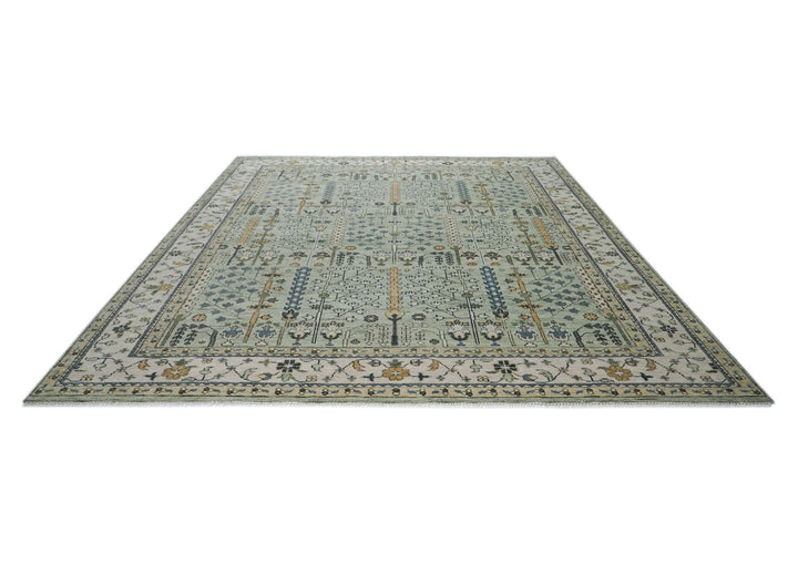 Palace Celadon, Beige, Tan Color Hand Knotted Oushak Wool Transitional Oriental Rug