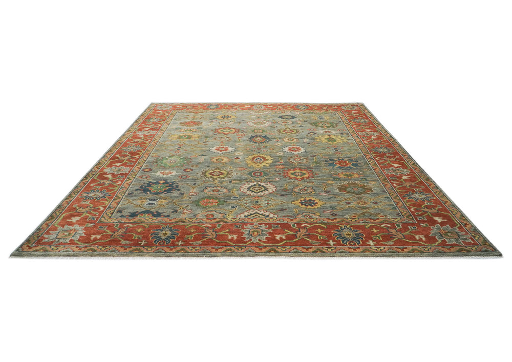 Palace Blue, Gray, Burnt Orange Color Hand Knotted Oushak Wool  Oriental Rug