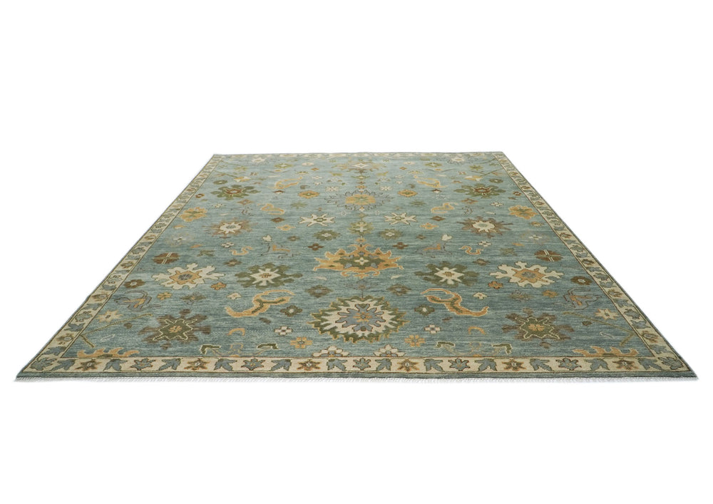 Palace Celadon, Beige, Lime Color Hand Knotted Oushak Wool Transitional Oriental Rug